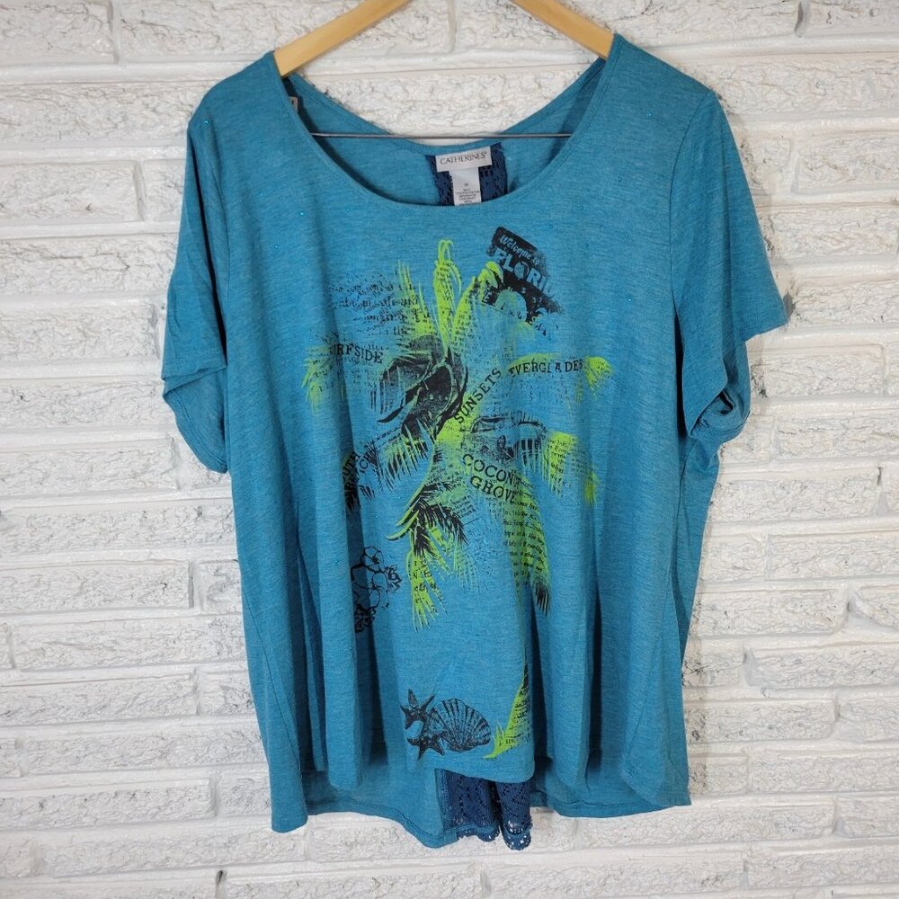 Catherines Womens Top 1X Plus Tee Blue Tropical Poly Blend Split FLO189E - Picture 1 of 5